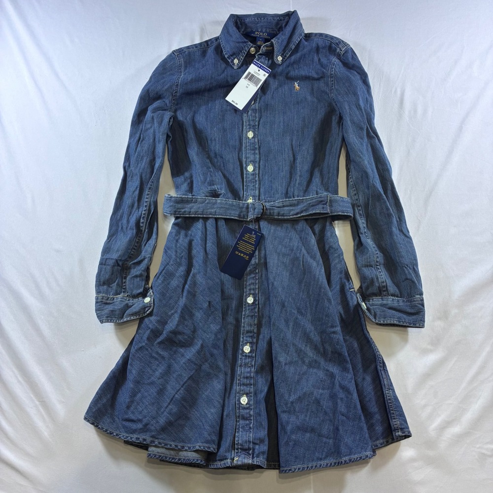 Polo Ralph Lauren Girls Indigo Blue Denim Belted Shirt Dress Size 12 NWT